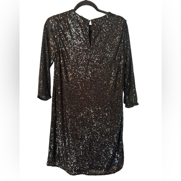 H&M Black Sequin Mini Dress Size Medium Long Sleeve Shift Party Cocktail Sparkle - Picture 3 of 5